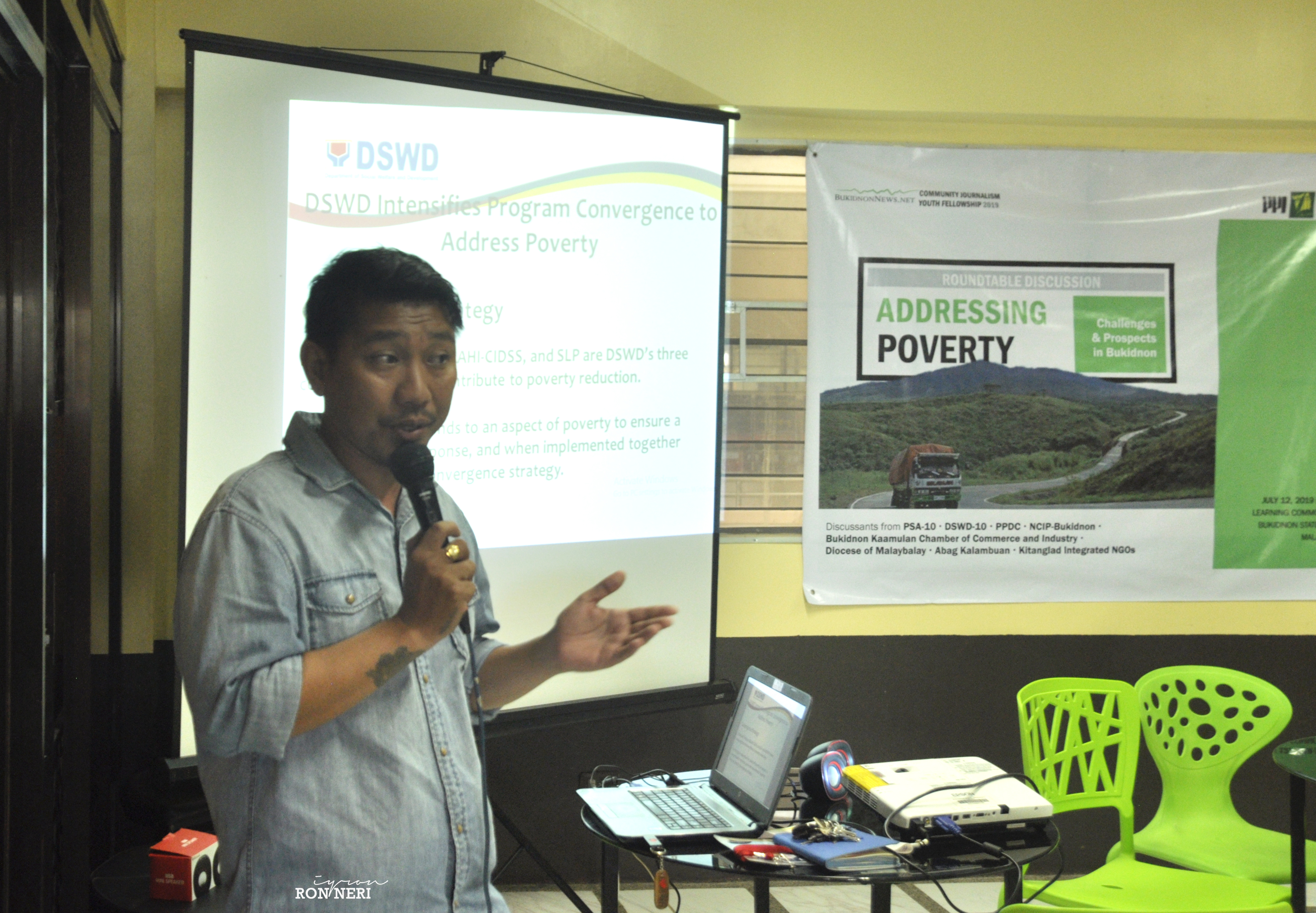 Mr. Christopher Capinpin of DSWD-10 Bukidnon Office speaks during the Round Table Discussion on Addressing Poverty in Bukidnon: Challenges and Prospects held at the Bukidnon State University Learning Commons on July 12, 2019. The RTD was initiated by BukidnonNews.Net in partnership with the Bukidnon Studies Center and the CAS-Social Sciences Department of Bukidnon State University.  BukidnonNews.Net photo by Ronald Christopher G. Neri
